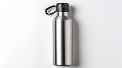 Reusable stainless steel water bottle isolated on white.