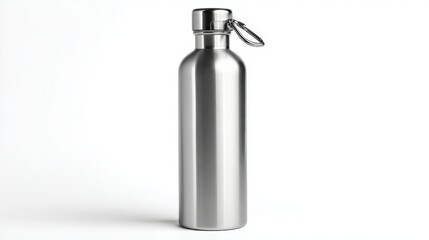 Reusable stainless steel water bottle isolated on white.