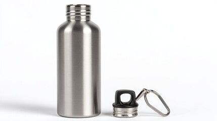 Reusable stainless steel water bottle isolated on white.