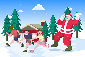 Santa Claus in Red Suit Playfully Throwing Snowballs at Children in Snowy Landscape with Pine Trees and Building Under Light Blue Sky Pixel Art