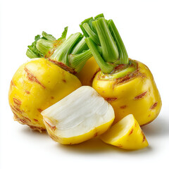 A close up of yellow turnips with green stems and cut pieces on a white background studio shot