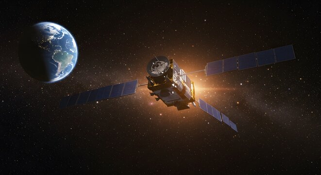 Satellite with solar panels orbiting planet earth in space  perfect for educational, technology, science, and spacerelated designs. - Powered by Adobe