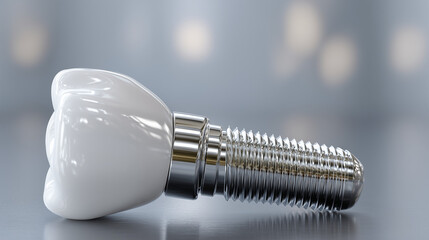 Dental implant with metal pin isolated on neutral background. white human tooth model. modern dentistry quality dental prosthesis concept horizontal view