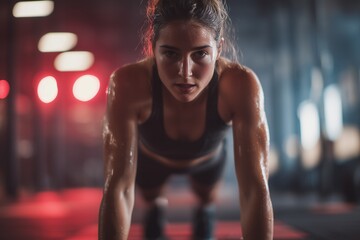 Woman performing burpees in CrossFit gym, motion blur effect, sweat and determination, modern fitness studio, cinematic lighting, horizontal composition