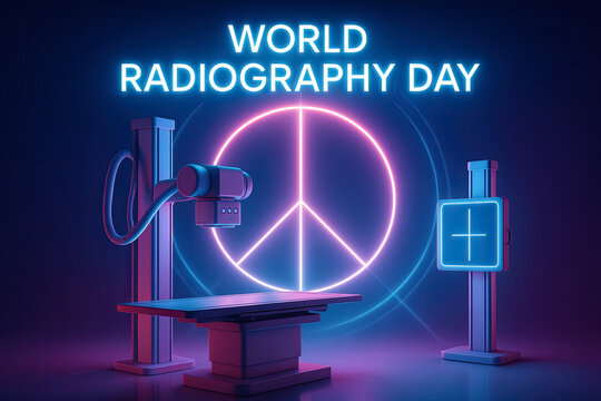 Radiology equipment with peace symbol illuminated for World Radiography Day celebration