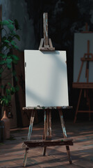 Single one easel with white empty blank canvas in interior of exhibition studio or artist workshop. Front view. Mock up for artwork image, paint creative space.