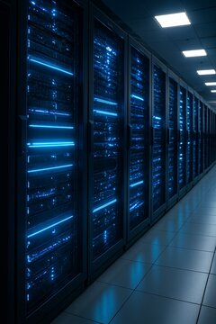 Modern data center with blue server lights. Futuristic technology background for network, cloud, and IT concepts.