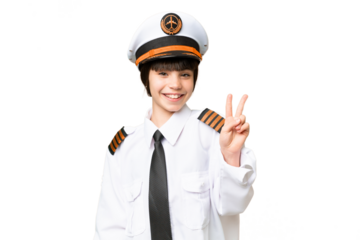 Little girl as a Airplane pilot over isolated chroma key background smiling and showing victory sign