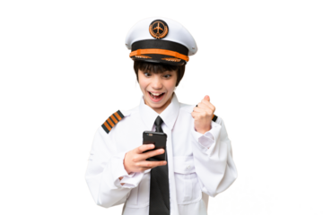 Little girl as a Airplane pilot over isolated chroma key background surprised and sending a message