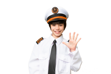 Little girl as a Airplane pilot over isolated chroma key background counting five with fingers