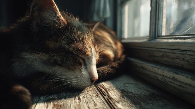 Adorable tabby cat napping peacefully in warm sunlight by rustic window sill, radiating comfort and serenity, perfect for pet lovers and cozy scenes - Powered by Adobe