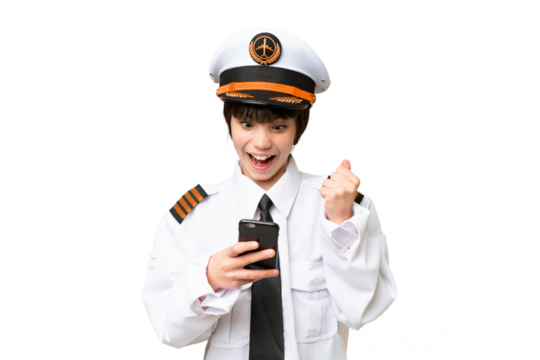 Little girl as a Airplane pilot over isolated chroma key background surprised and sending a message