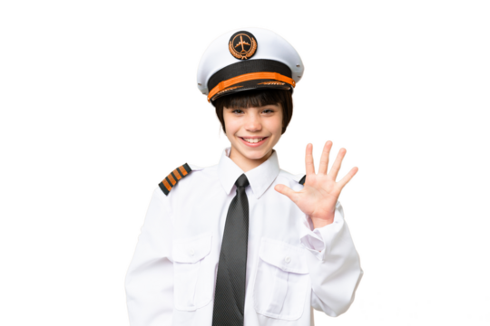 Little girl as a Airplane pilot over isolated chroma key background counting five with fingers