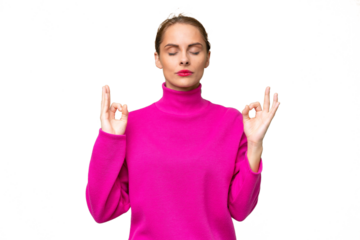 Young caucasian woman over isolated background in zen pose