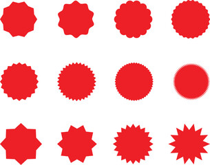 Star Burst Shape Tags for Shops and Prices , Red Circle Sticker Set, Blank Sale Stickers, Wavy Edge Promo Badges, Vintage Label Vector Illustration