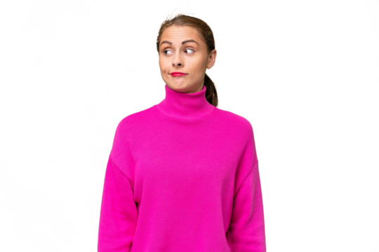 Young caucasian woman over isolated background making doubts gesture looking side