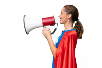 Super Hero caucasian woman over isolated background shouting through a megaphone