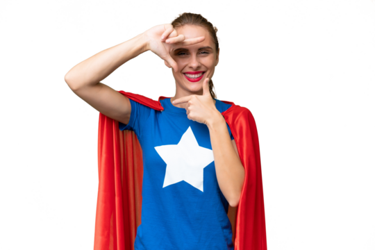 Super Hero caucasian woman over isolated background focusing face. Framing symbol