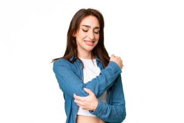 Young caucasian woman over isolated chroma key background with pain in elbow