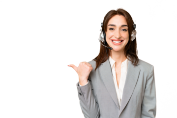 Telemarketer caucasian woman working with a headset over isolated chroma key background pointing to the side to present a product
