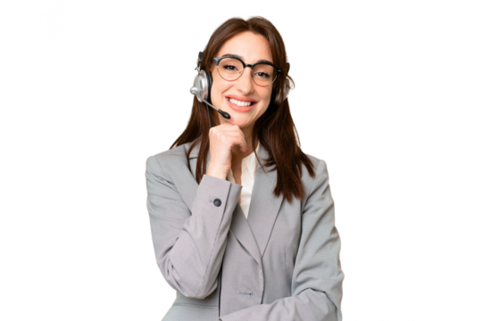 Telemarketer caucasian woman working with a headset over isolated chroma key background with glasses and smiling