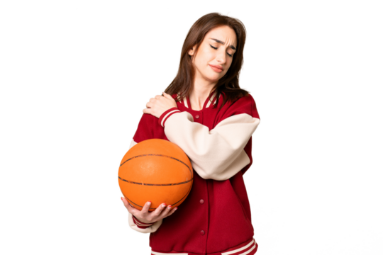 Young basketball player woman over isolated chroma key background suffering from pain in shoulder for having made an effort