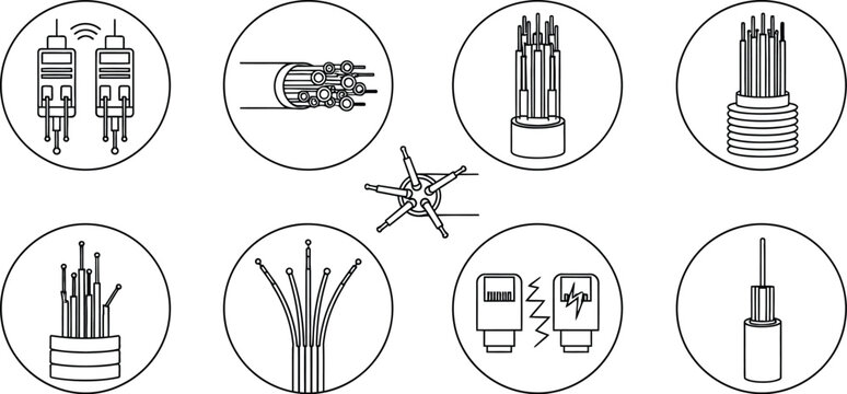 Fiber optic cable types and connectors vector line illustration editable stock