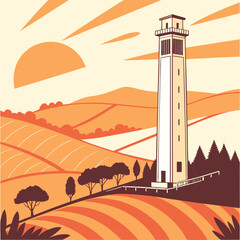 Illustration of a tall tower in a rural landscape with rolling hills, trees, and a sunset, showcasing architectural design and natural beauty
