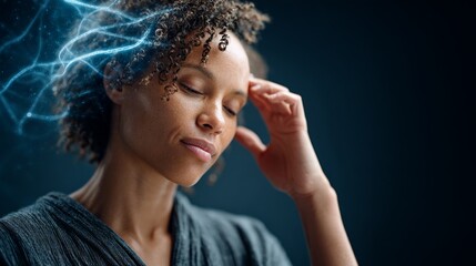 Obraz premium Neural network visualization showing energy waves emanating from young woman's closed eyes, touching temple, representing deep cognitive connection with artificial intelligence