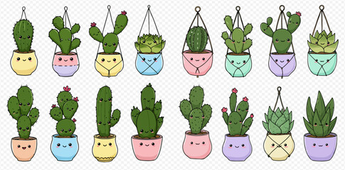 Obraz premium Collection of cute cartoon cacti and succulents in colorful pots and macrame hangers.