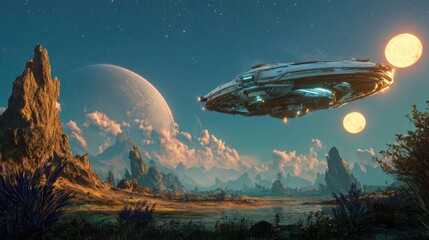 Futuristic alien spacecraft glides over a mysterious alien planet landscape with large moons and distant mountains under a starry sky