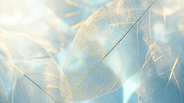 A close-up of a group of light blue leaves, each leaf edged with a golden halo, symbolizing unity and enlightenment in meditation, creating a calm and focused atmosphere.
