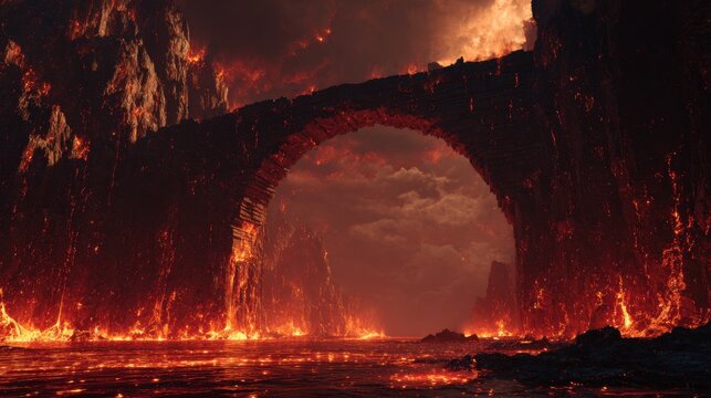 Epic fiery bridge arching over molten lava landscape under dramatic inferno skies, a scene of intense power and primal energy