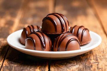 Decadent Dark Chocolate Truffles Drizzled with Rich Ganache, Served on a White Ceramic Plate on a Rustic Wooden Table