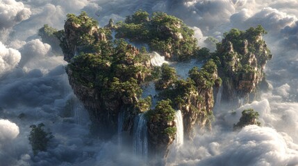Serene floating islands adorned with lush greenery and cascading waterfalls, enveloped in ethereal clouds, creating a breathtaking fantasy landscape.