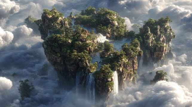 Serene floating islands adorned with lush greenery and cascading waterfalls, enveloped in ethereal clouds, creating a breathtaking fantasy landscape. - Powered by Adobe