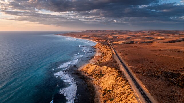 Fototapeta Coastal Highway Meets Ocean in Rugged Australian Landscape at Sunset