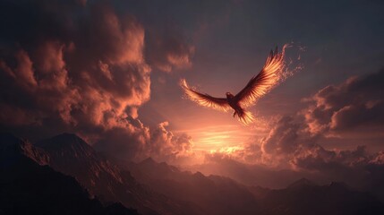 Majestic phoenix soaring through fiery sunset skies above mountain range, inspiring hope and rebirth, perfect for aspirational projects