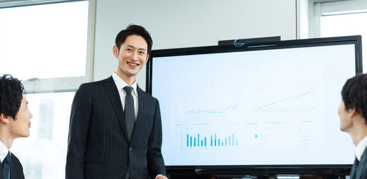 Japanese businessman presenting financial projections to colleagues in modern office, confident and positive atmosphere, business meeting with digital chart display