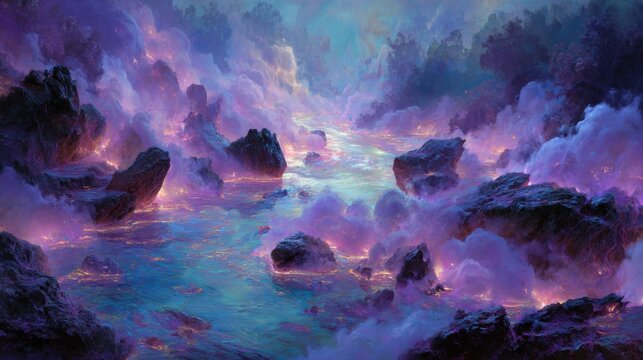 Mystical river flowing through a vibrant purple landscape with glowing light, perfect for fantasy artwork or dreamy designs