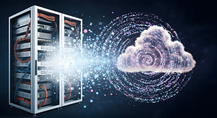 Cloud Computing Visual: Servers and Data Transfer to the Cloud, Connection Between Data Center and Cloud Network in Conceptual Image