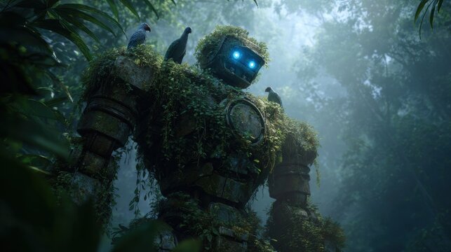 Mysterious robot guardian overgrown with jungle vines and birds, a captivating blend of nature and technology for a futuristic world concept