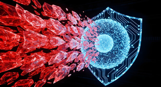 Cybersecurity Shield Defending Against Red Crystal Attack, Digital Security Shield Concept Protecting Data from Cyber Threats - Powered by Adobe