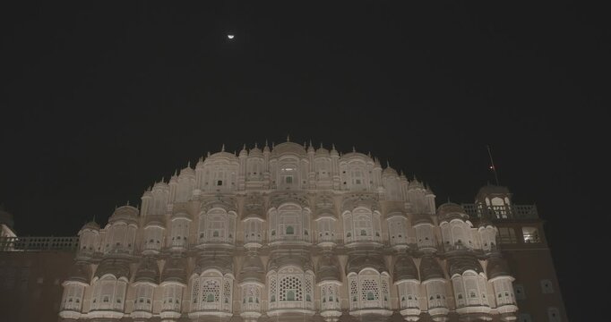 Ungraded C LOG 2 Hawa Mahal Palace In Night Illuminations. Dark Night Sky Above Palace Of Winds. Built From Red And Pink Sandstone. Very Unique As It Has Many Small Windows And Balconies That Seem