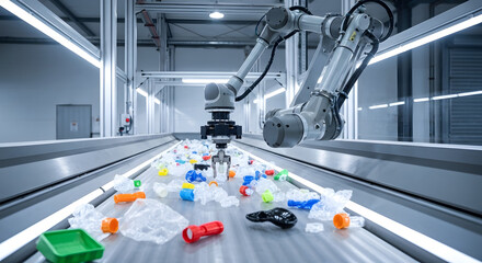Robot arm in a recycling plant sorting plastic waste on a conveyor belt, Automated robotic system for waste management in a recycling facility