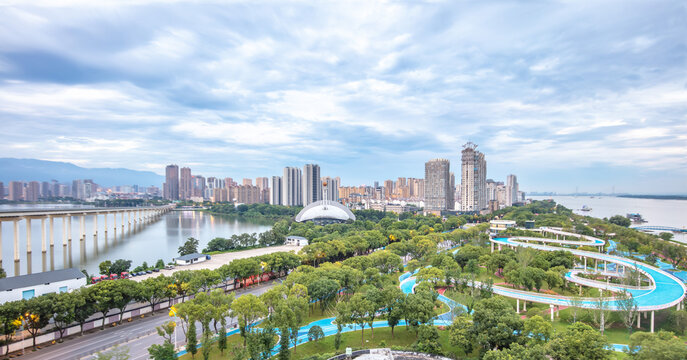 Aerial view of the Jiujiang Urban section of the Yangtze River National Cultural Park shows clear water, green banks and beautiful scenery.