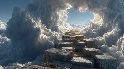 A stone staircase dramatically ascends toward an ethereal opening in swirling, fluffy white clouds, suggesting a journey towards heaven or spiritual awakening.
