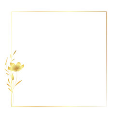 A minimalist square frame with a gold border, decorated with a small sprig of golden flowers and leaves on one side.