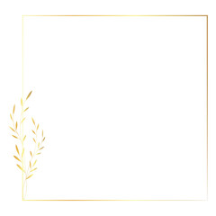 A minimalist square frame with a gold border, adorned with a single sprig of delicate leaves on one side.