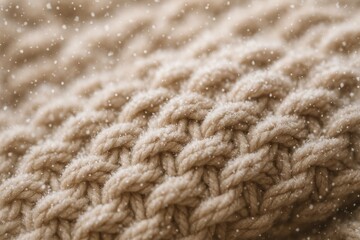 Close-up of soft beige knitted fabric with falling snowflakes. Cozy winter texture for warm seasonal designs.